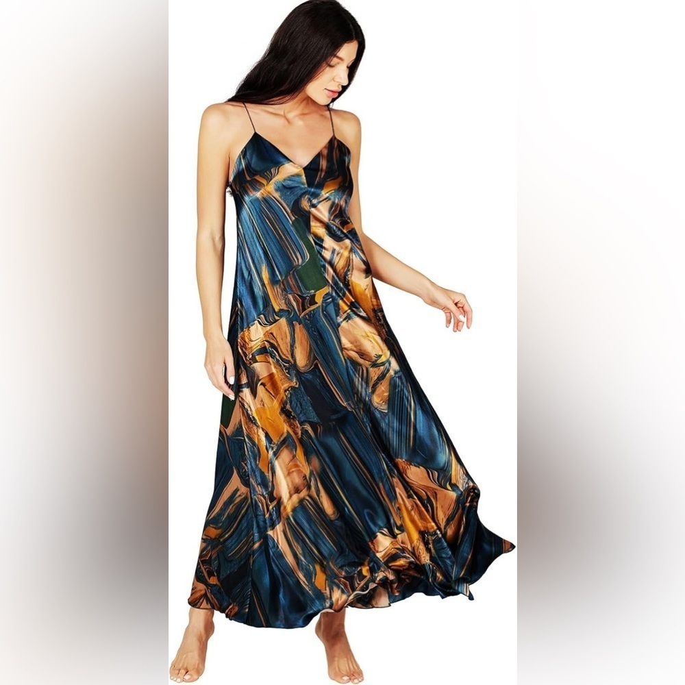Beautiful Multicolor Spaghetti Straps V-Neck Asymmetrical Maxi Dress Size Medium